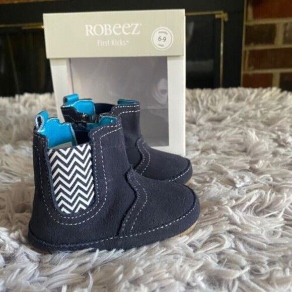 Robeez First Kicks Maddox Navy Leather Boot 6-9 Months Zipper New - Picture 10 of 16